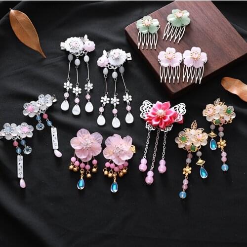 UNTAMED 1pc/2pcs Antiquity Chinese Hairpins Girls Flowers Hair Comb Clip Tassel Hair Pins Kids Baby Headwear Hair Accessories