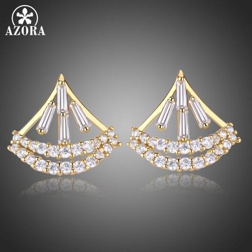 AZORA New Arrival Gold Color Sparkling Clear Cubic Zircon Fan-shaped Stud Earrings for Women Fashion Earrings Jewelry TE0318