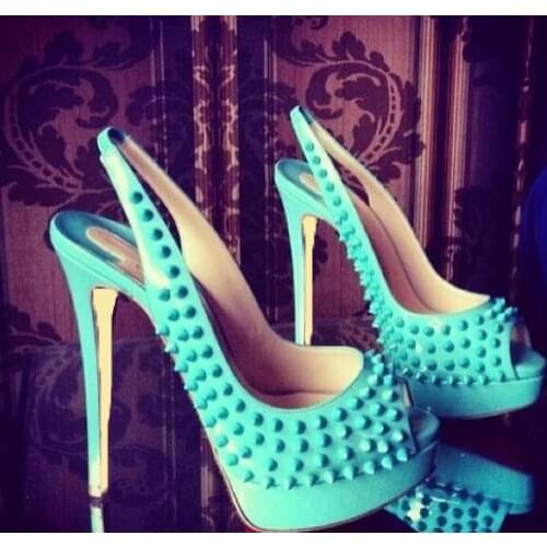 Moraima Snc Rivets Studded High Heel Shoes Woman Summer Peep Toe Slingback Platform pumps Ladies Party Dress Shoe