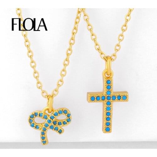 FLOLA Crystal Cross Necklaces For Women Gold Filled Paved Bow Knot Necklaces Pendant Cubic Zirconia Rainbow Jewelry Gifts nkeq44