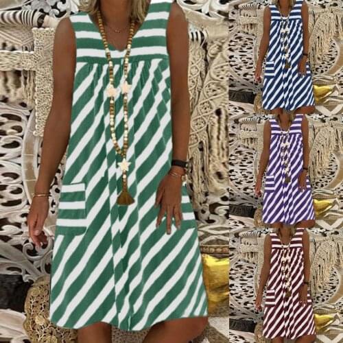 Women Pocket V-neck Sleeveless Striped Dress Casual Loose Pullover Dress Sweet Dresses For Women 2021 Купальники Женские Traf
