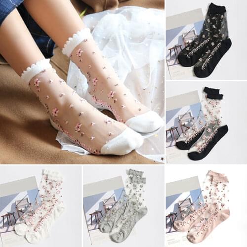 1 Pair Transparent Lace Silk Crystal Socks Rose Flower Pattern Summer Socks Girls Ultra Thin Elastic Short Breathable Female Sox
