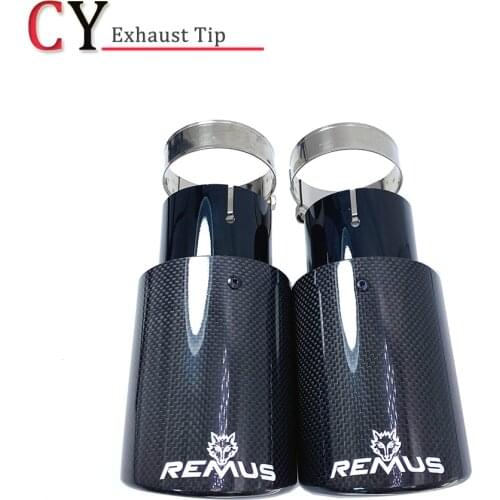 1PCS Universal Black Stainless Steel Single Exhaust Pipe Curly Glossy Carbon With Remus Logo Muffler Tip