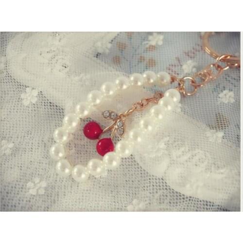10pcs/lot korean style woman pearl cherry keychain lady cherry key ring woman bag car key ring