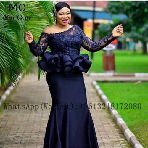 2020 Dark Blue Mermaid Off Shoulder Bridesmaid Dresses Long Sleeve Wedding Party Dress South African Plus Size Bridesmaid Dress