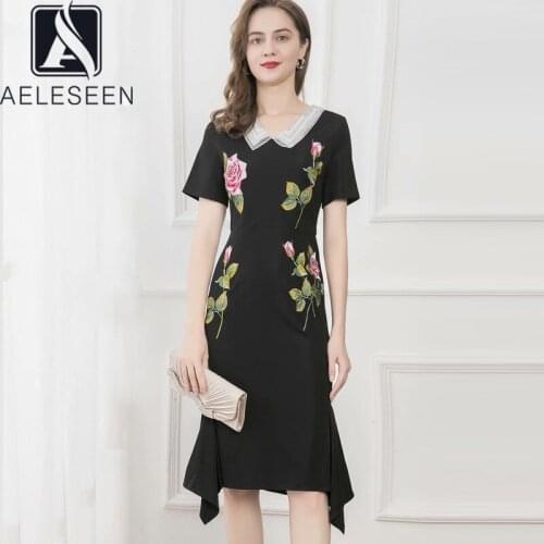 AELESEEN Runway Fashion Women Black Dress 2021 Summer Office Ladies Beading Slim Flower Embroidery Long Irregular Elegant Dress