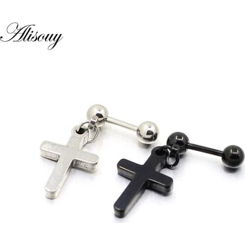 Alisouy 2 pieces simple unisex earrings color Black Stainless Steel ball barbells Cross stud earrings for men women