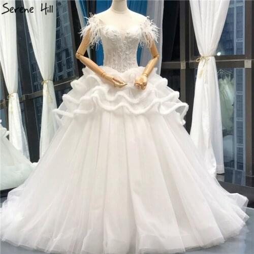 Serene Hill White Off Shoulder Feathers Beading Wedding Dress 2019 Sleeveless Sexy Ruffle Skirt Bridal Gown Custom Made C66730