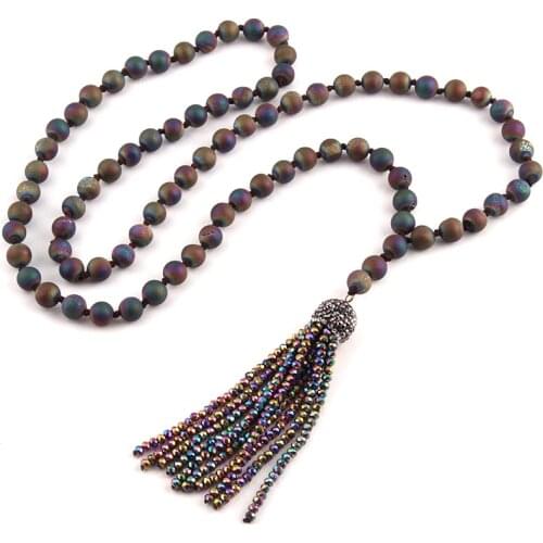 Free Shipping Fashion Natural Druzy Bead Long Knotted Crystal Tassel Punk Necklaces