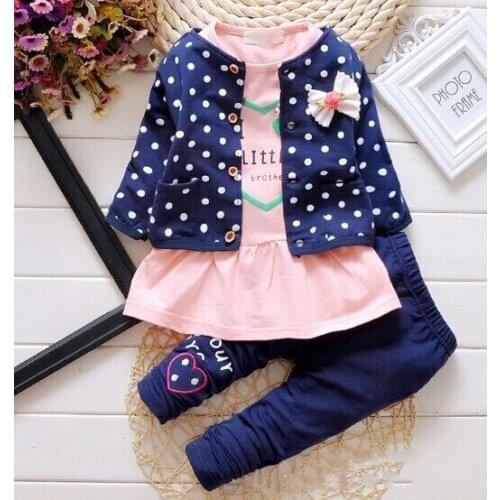 BibiCola Baby cotton suit sets childrens clothing 3PCS coat+ T shirt + Pants children Cute Princess Print Bow baby girl outfits
