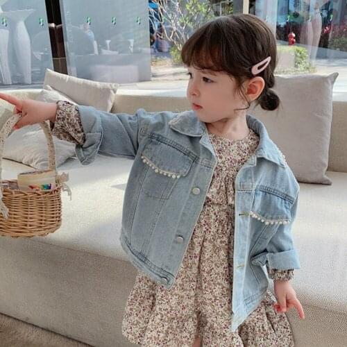 2021 Spring Autumn Girls Outerwear Pearl Decoration Coat Turn-Down Collar Denim Coats and Jackets for Kids Casual Jeans Coat
