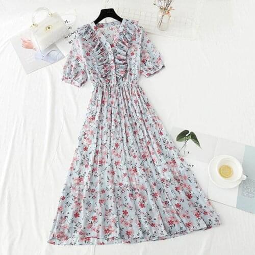 Elegant Party Women Dress Slim V Neck Short Sleeve Mid-Calf Dresses 2021 Casual Office Lady Floral Print Chiffon Summer Dress