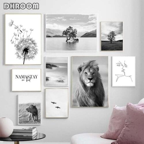 Scandinavian Poster Nature Landscape Canvas Painting Black White Lion Bedroom Wall Art Nordic Print Modern Picture Home Decor