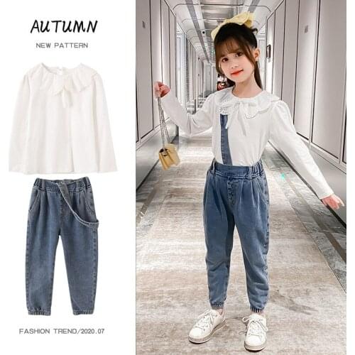 2020 autumn girls clothing sets white long sleeve t-shirt +denim pants 2 pieces