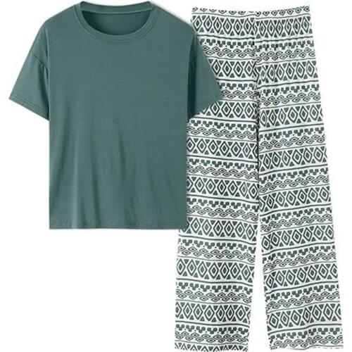 Summer Women Print Geometric Green Pajamas Sets Short Sleeve T-Shirt&Pant Lady Pyjamas Sleep Suit Sleepwear Nightwear Home Wear