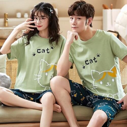 Summer Cotton Pajamas Set Cute Cats Print Cattoon Women Nightwear Fashion Green Plus Size O-Neck Short Sleeve Couple Homewear