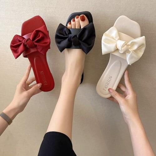 Fashion Solid Color Plus Size Slippers Women Summer Fashion Women Bow Tie Flat Heel Anti Skidding Beach Shoes Sandals Slippers