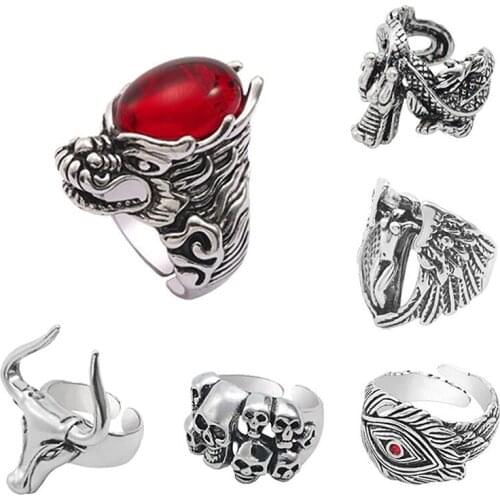 Retro Punk Style Mens Exaggerated Ring Personality Faucet Horns Totem Logo Metal Ring Cool Mens Fashion Jewelry Gift Rings