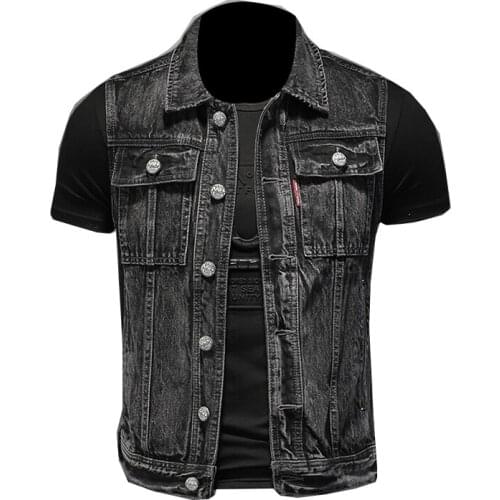 High quality retro slim mens denim vest solid color lapel single-breasted sleeveless spring and autumn 2021