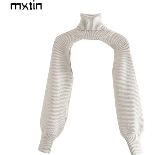 Mxtin Women 2020 Sexy Arm Warmers Pullovers Knitted Sweater Vintage High Neck Long Sleeve Female Chic Tops