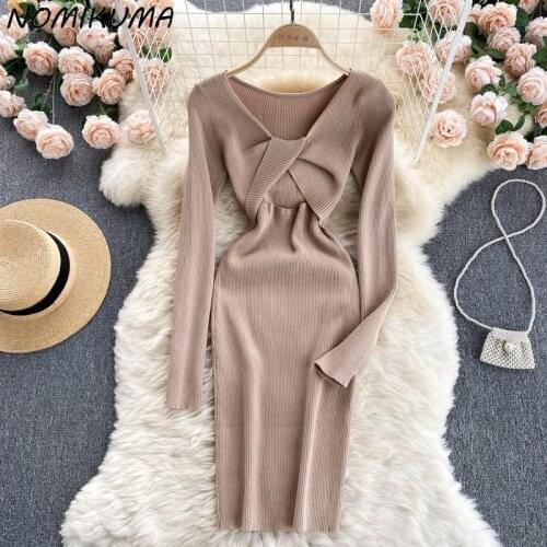 Nomikuma Sexy Twisted Hollow-out Knitted Dresses Long Sleeve V-neck Slim Bodycorn Vestidos Women Elegant Sweater Dress 6K955