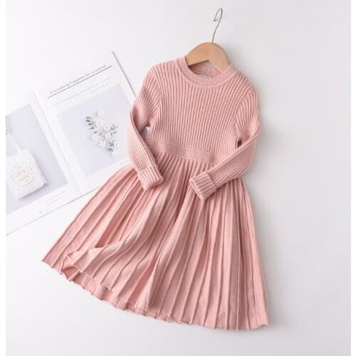 Girls autumn/winter sweater dress Fashion knit dress 2 to 6 years old baby girl dresses Pleated thicken onepiece Pink Red Beige