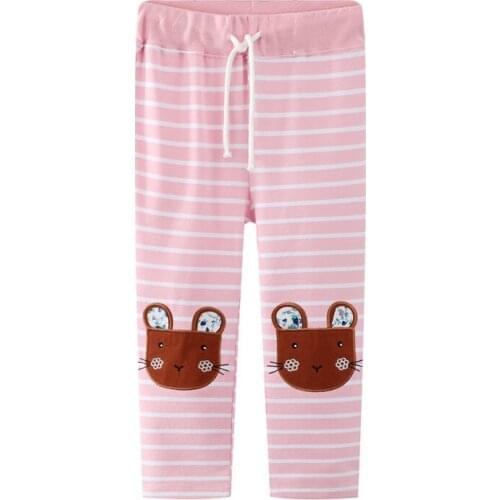 Autumn Girls Animals Embroidery Cute Childrens Sweatpants Stripe Drawstring Baby Full Length Trousers Pants