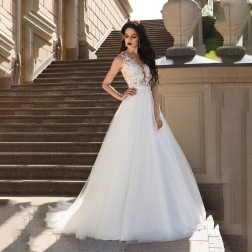 Sheer Scoop Neckline A-line White Tulle Illusion Back Wedding Dress Applique vestido de novia desmontable Bridal Gowns