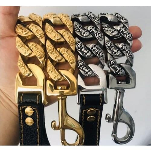 Skull Designer Dog Chain Collar Leash Stainless Steel 32mm Pitbull Bulldog Collar Lead Trainng Collar Large Dog Pet Accessories