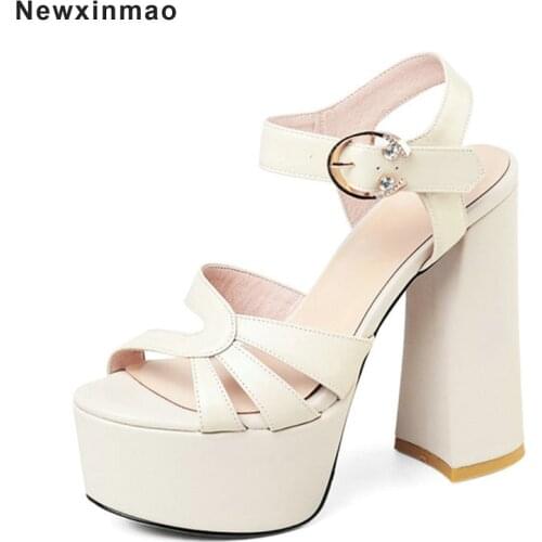 Genuine Leather Women Sandals 2021 New Summer Square Heel Platform Buckle Women Shoes Big Size Ladies Office Working Sandals