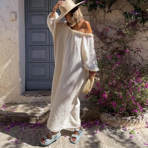 Robe de plage Sexy pour femmes, épaules dénudées, à volants, col incliné, manches longues, tenue de soirée décontractée, couleur