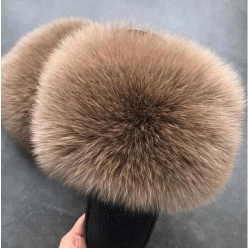 Real Fox Hair Slippers Women Fur Raccoon Fluffy Sliders Jamacia Furry Summer Flats Sweet Ladies Shoes Large Size 45 Wholesale