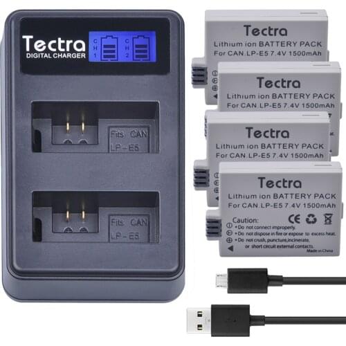 Tectra LP-E5 LPE5 4PCS Battery + LCD USB Dual Charger for Canon EOS Rebel XS Rebel T1i Rebel XSi 1000D 500D 450D Kiss X3 Kiss