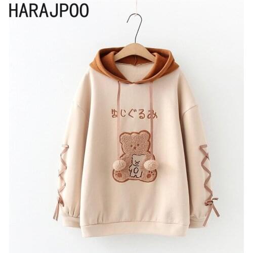 Harajpoo Hoodie Women Japanese Mori Cute Bear Embroidery Plus Velvet Loose Thin Long Sleeve Thick Jacket Fall 2021 Sweatshirt