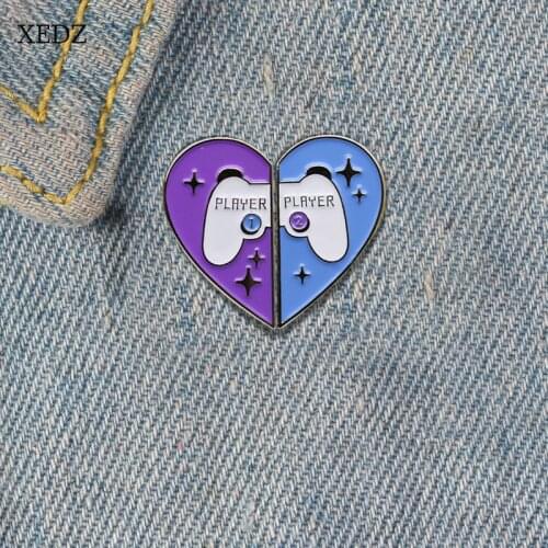 XEDZ Cartoon two-petal splicing love heart-shaped enamel brooch purple blue splicing game stars badge friends overcome decoratio