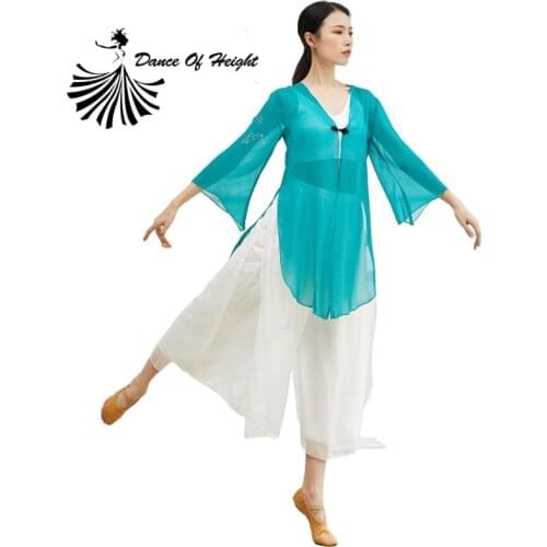 Womens Chiffon Classical Dance Shirt Loose Gauze Cardigans Adult Dance Practice Jackets Performance Wear 3/4 Sleeve Side Split