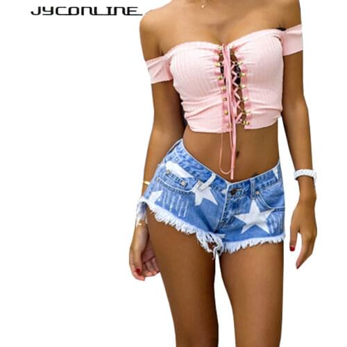 JYConline Stars Print Shorts Women Jeans Summer 2017 Tassels Ripped Denim Shorts Feminino Low Waist Short Jeans Womens Shorts