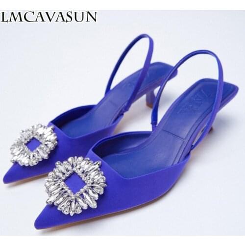 LMCAVASUN Rhinestone Decoration Women Pumps 2021 New Rose Pink Shiny Slingback Cat Heels Spring & Summer Wedding Party Shoes