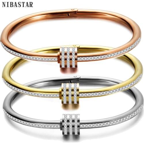 High Quality Cuff Bracelet Female Hot Sale 3 Colors Crystal Pave Titanium Steel Screw Design Ladies Wrist Jewery Women bangles