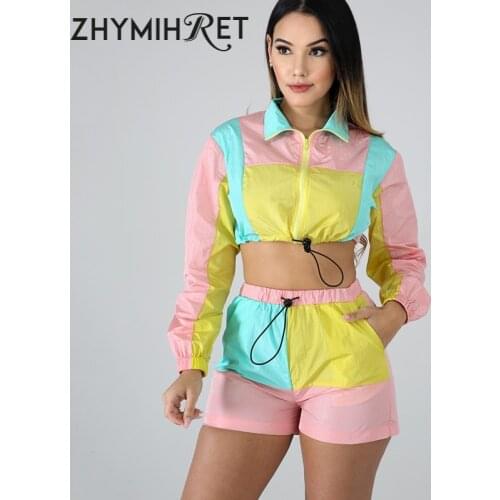 ZHYMIHRET Contrast Color Jacket And Shorts Two Piece Set Women Tracksuit Conjuntos De Mujer Crop Top Biker Shorts Jogging Femme