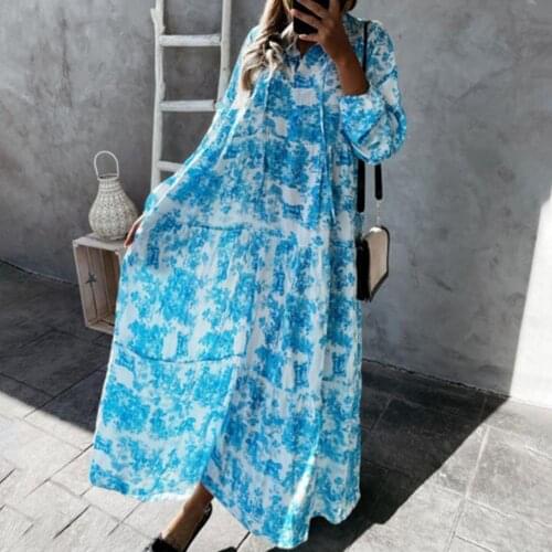 Women Dress V Neck Long Sleeve Printed Casual Breathable Puff Sleeve Long Sleeve Ladies Stylish Loose Hem Long Dress