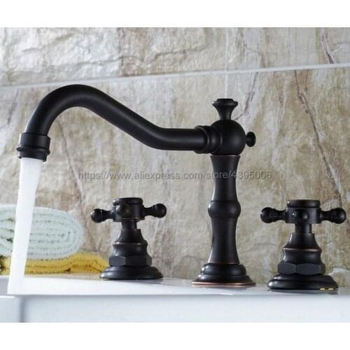 Oil Rubbed Bronze Deck Mount 3pcs Widespread Bath Basin Sink Faucet Dual Handles Mixer Taps Bnf043