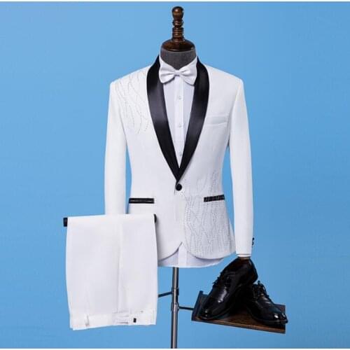 White 2020 new arrival fashion slim men suit set with pants hot drilling mens wedding suits formal dress mens groom suit + pant