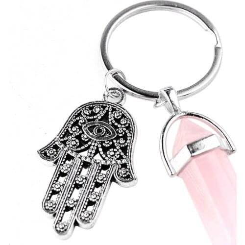 Wholesale 20PC Hexagonal Column Natural Pink Quartz Stone Keychain Women Evil Eye Fatima Hand Opal Marble Key Chains On Bag Gift