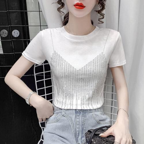 EasyCore Women Solid Color Short Cotton T-shirt Korean Fashion Sling Style Hot-drilling Crop Tops