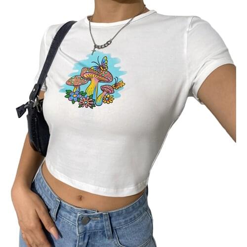 Young Womens Round Neck T-shirt Creative Mushroom Flower Butterfly Printing Short Sleeve Midriff-baring Tops Slim Base Shirt