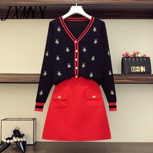 JXMYY Autumn And Winter New Fashion Plus Size Womens Cardigan Fashion All-Match Sweater Two-Piece Suit Skirt Was Thin