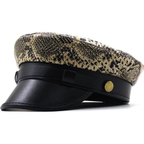Simple PU Leather Girl Military caps Spring Autumn Sailor Hats for Women Leopard Flat Top Captain Cap Travel Cadet Hat 56-58CM