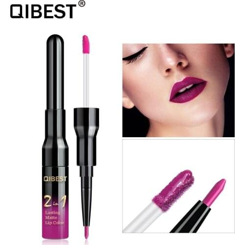 Qibest Makeup Double Head Liquid Matte Lipstick Waterproof Nude Lip Gloss & Lip Liner 2 In 1 Lipsticks Women Mate Lip Stick Pen