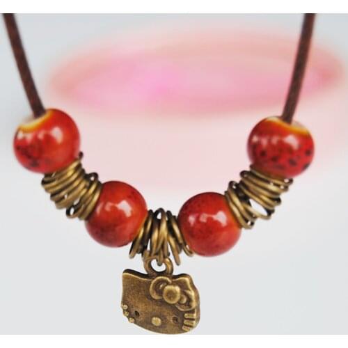 Ceramic Beads Diy Hand Rope Necklace Female Cute Kitty Four-leaf Clover Pendant Necklace To Send Girlfriend Lovers Gifts